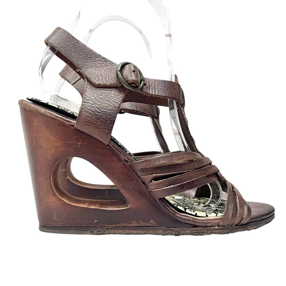 Frye Leather T-Strap Braided Gabrielle Gladiator Cutout Wood Wedge Heel Sandals